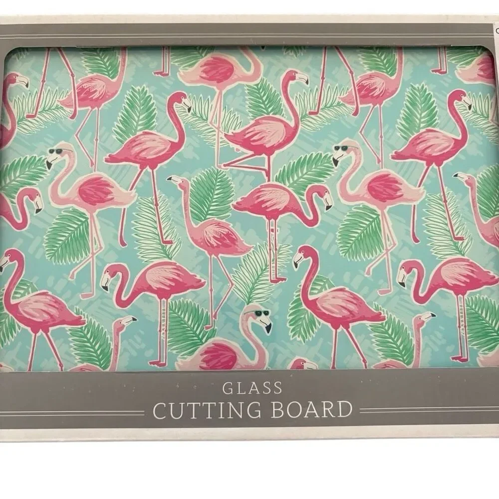 Pink Flamingo & Tropical Palm Leaf Themed Glass Cutting Board *New*